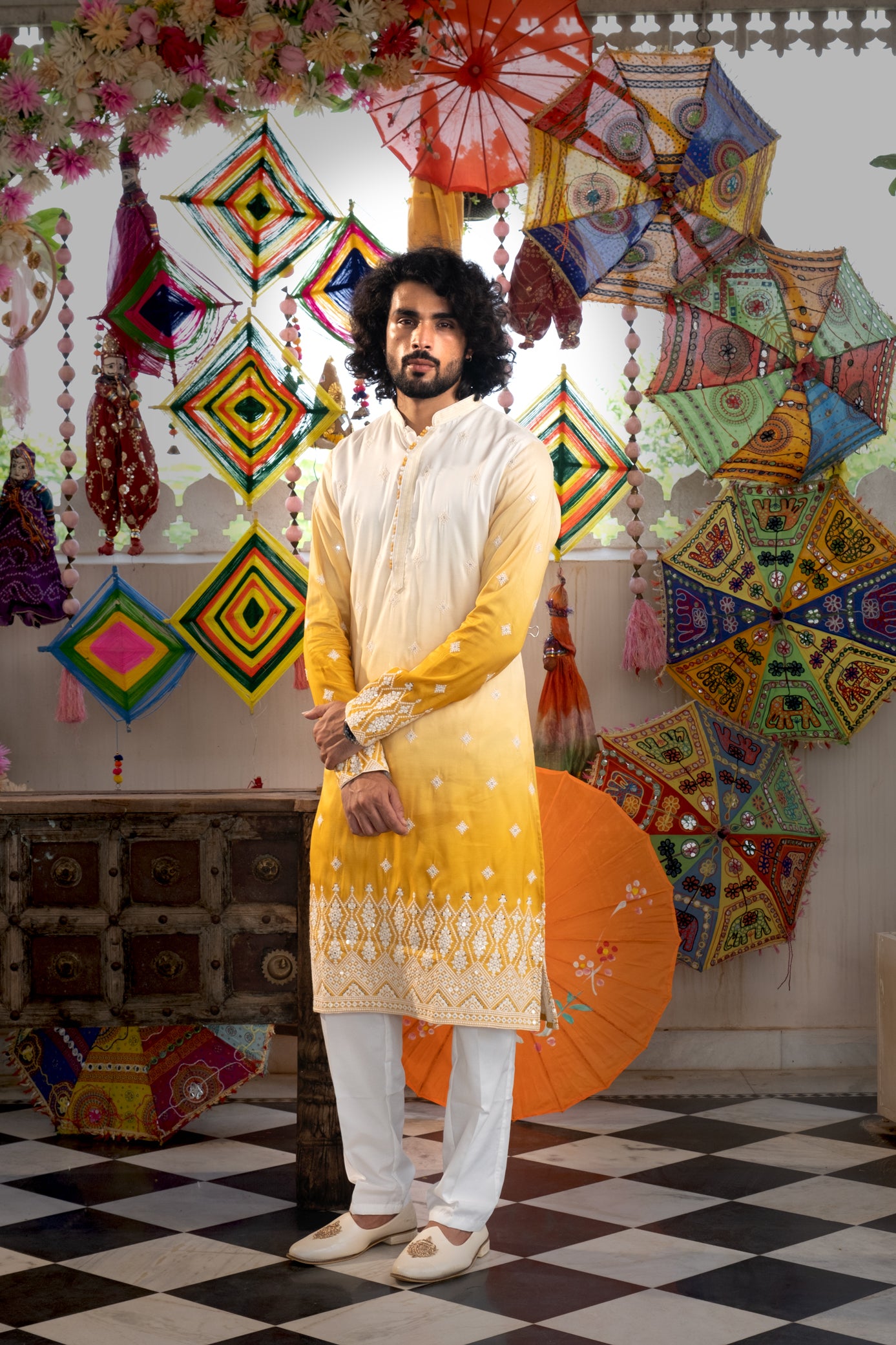 Cream Mustard Color Kurta Pajama Set For Men