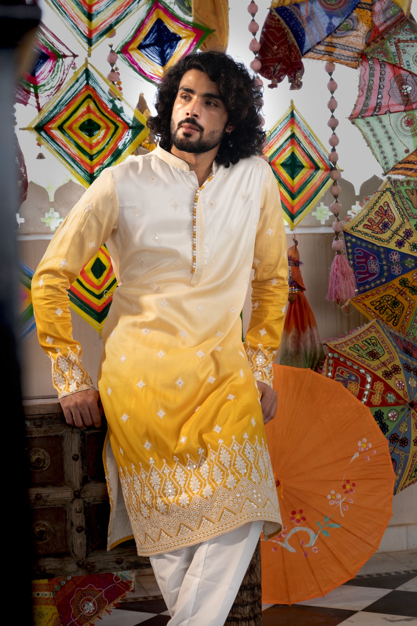 Cream Mustard Color Kurta Pajama Set For Men