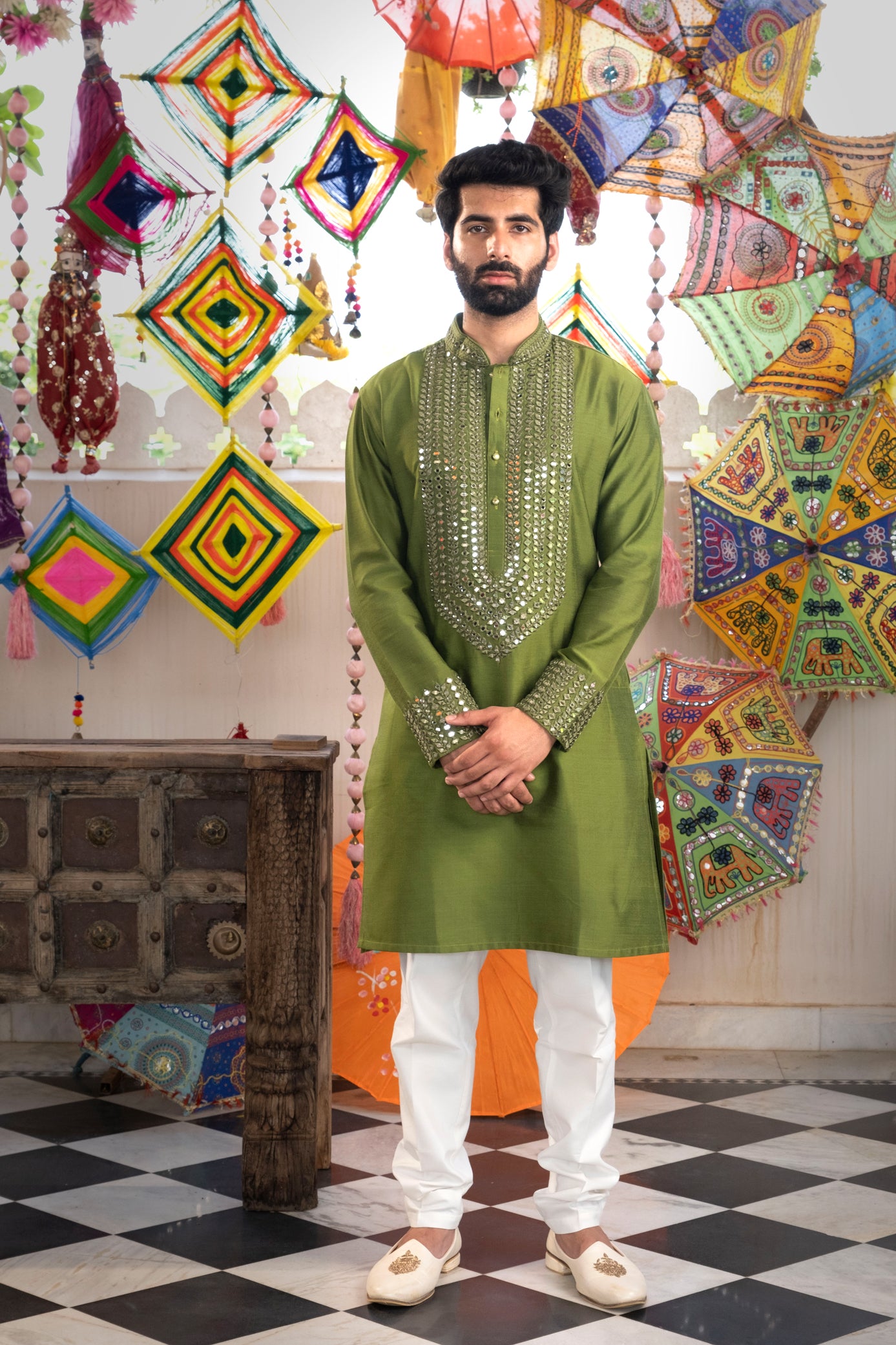 Green Color Mirror Work Kurta Pajama For Men