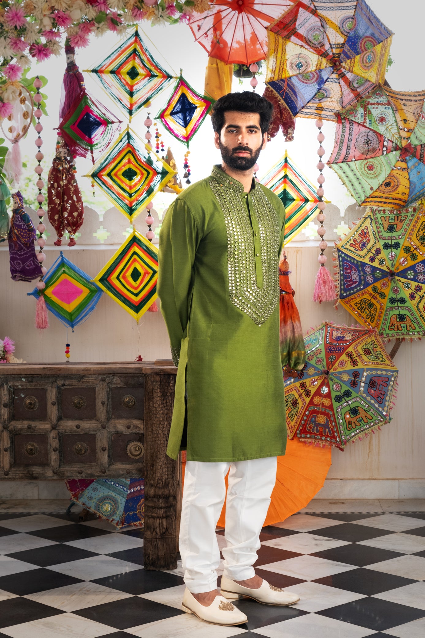 Green Color Mirror Work Kurta Pajama For Men