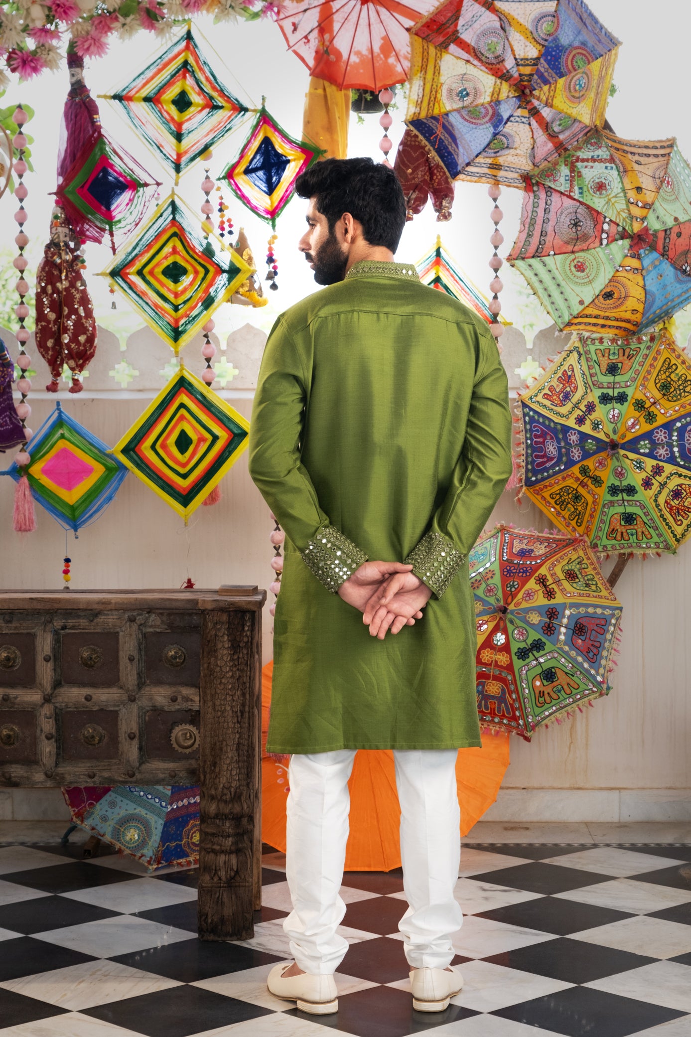 Green Color Mirror Work Kurta Pajama For Men