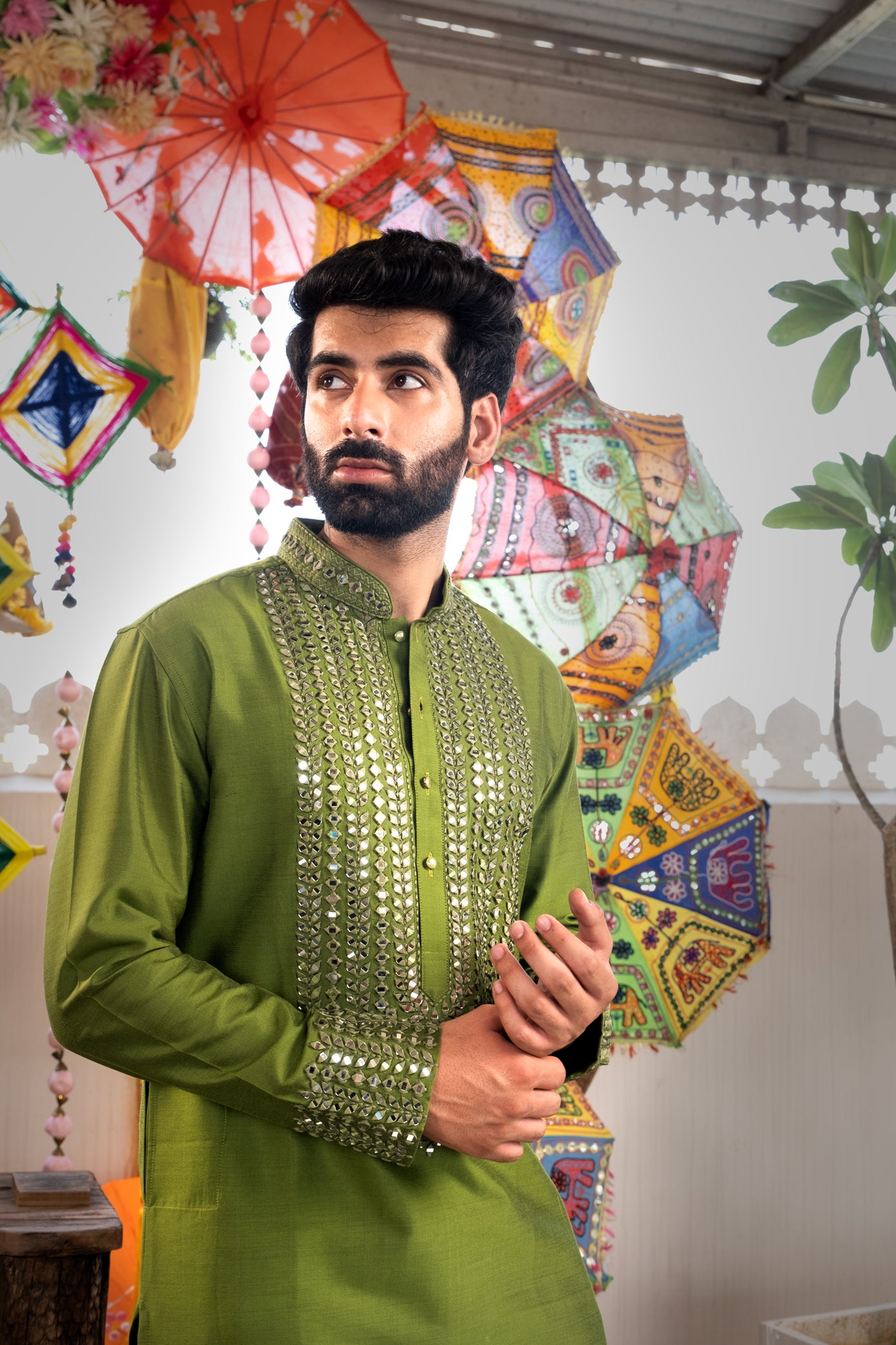 Green Color Mirror Work Kurta Pajama For Men