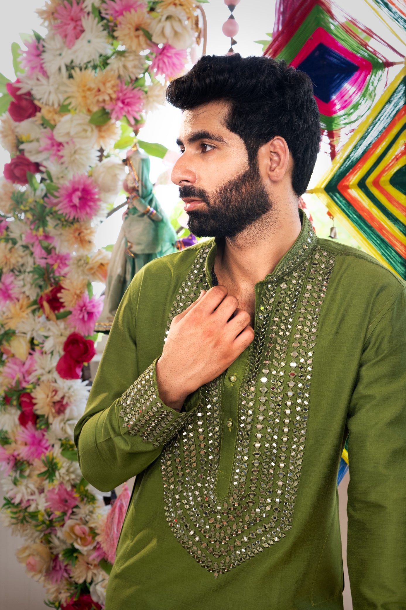 Green Color Mirror Work Kurta Pajama For Men