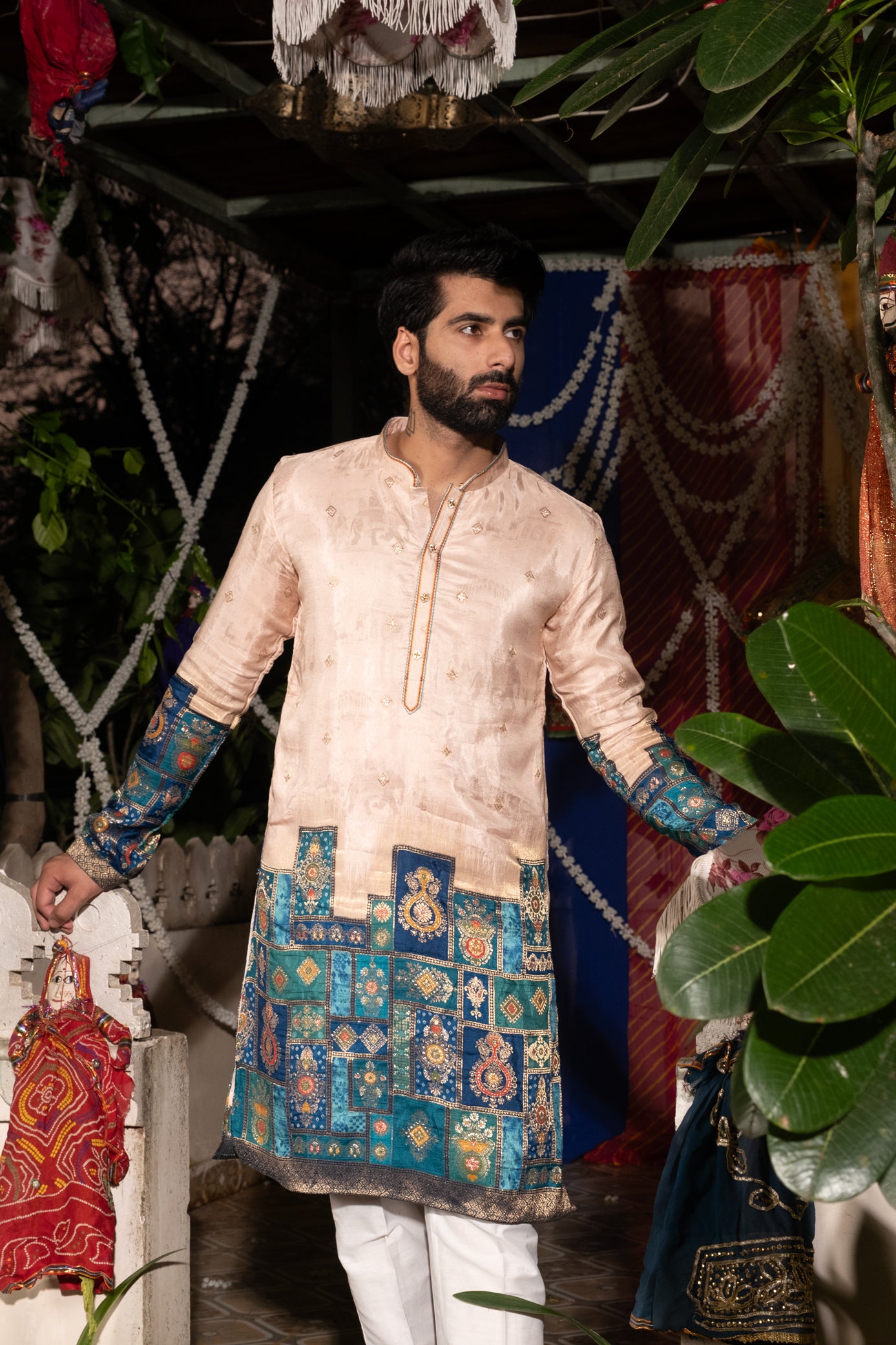 Peach Color Zari Work Embroidery Kurta Pajama For Men