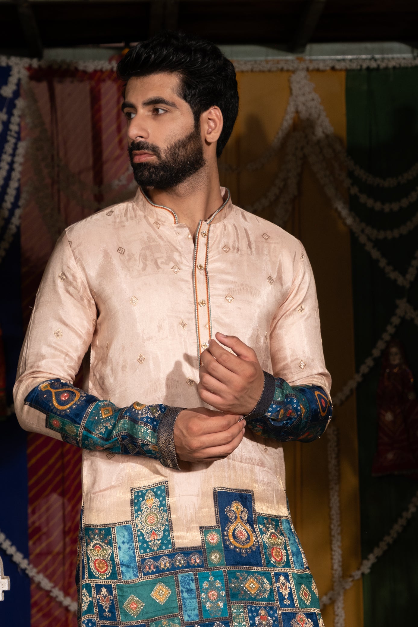 Peach Color Zari Work Embroidery Kurta Pajama For Men