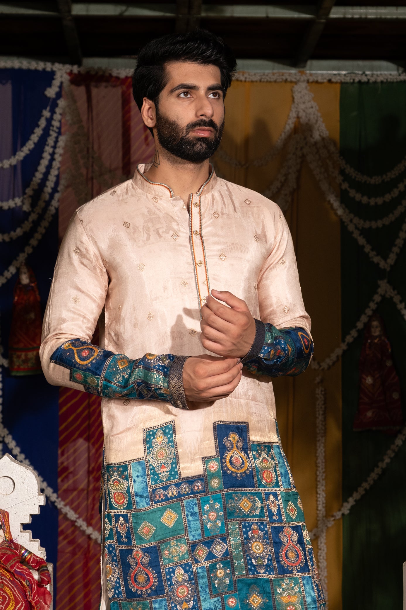 Peach Color Zari Work Embroidery Kurta Pajama For Men