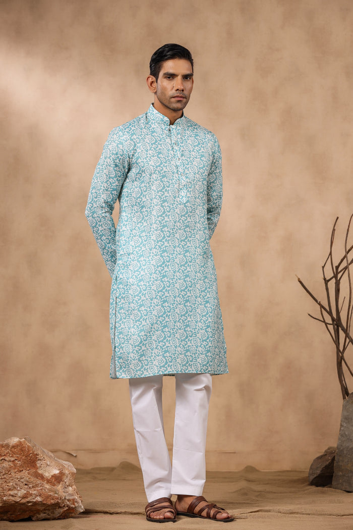 Men Blue & Beige Printed Pure Cotton Kurta Pajama With Neharu Jacket