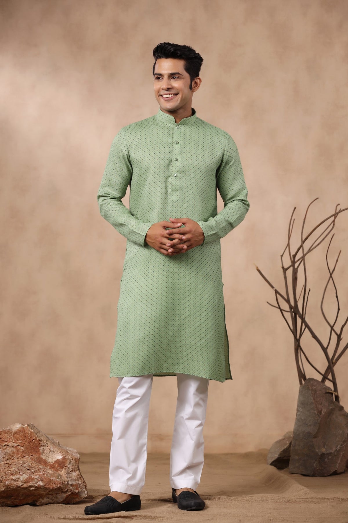 Men Lime Green & White Printed Pure Cotton Straight Kurta With Pyjama