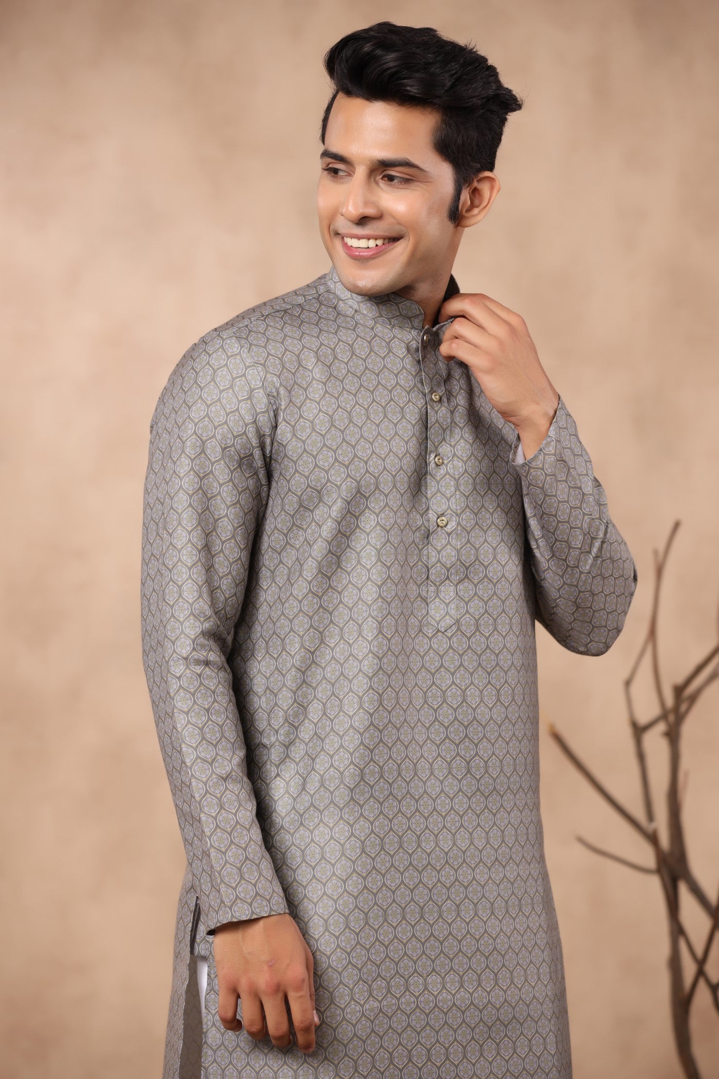 D Grey Color Printed Kurta Pajama Set For Men