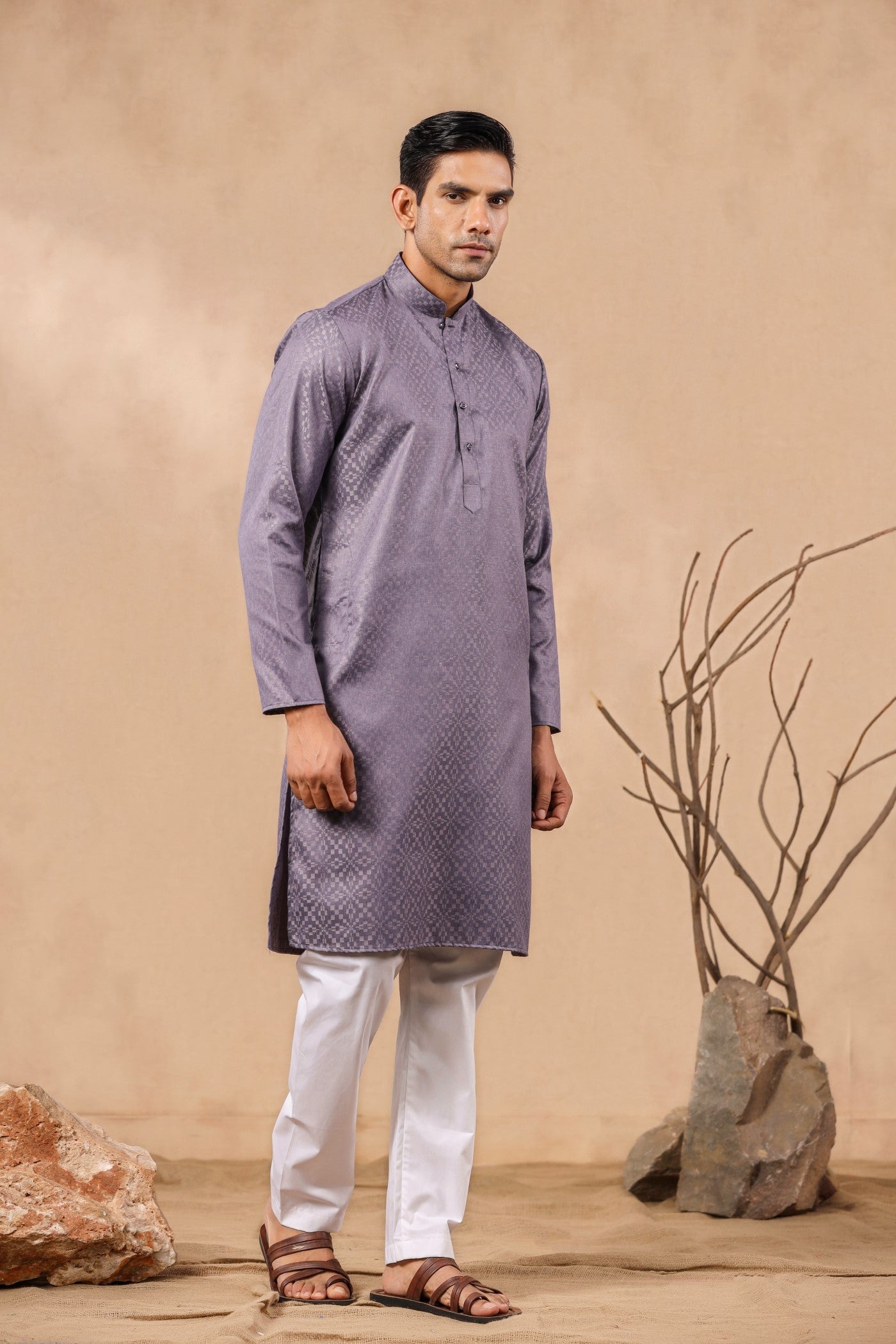 Grey Color Printed Kurta Pajama For Men