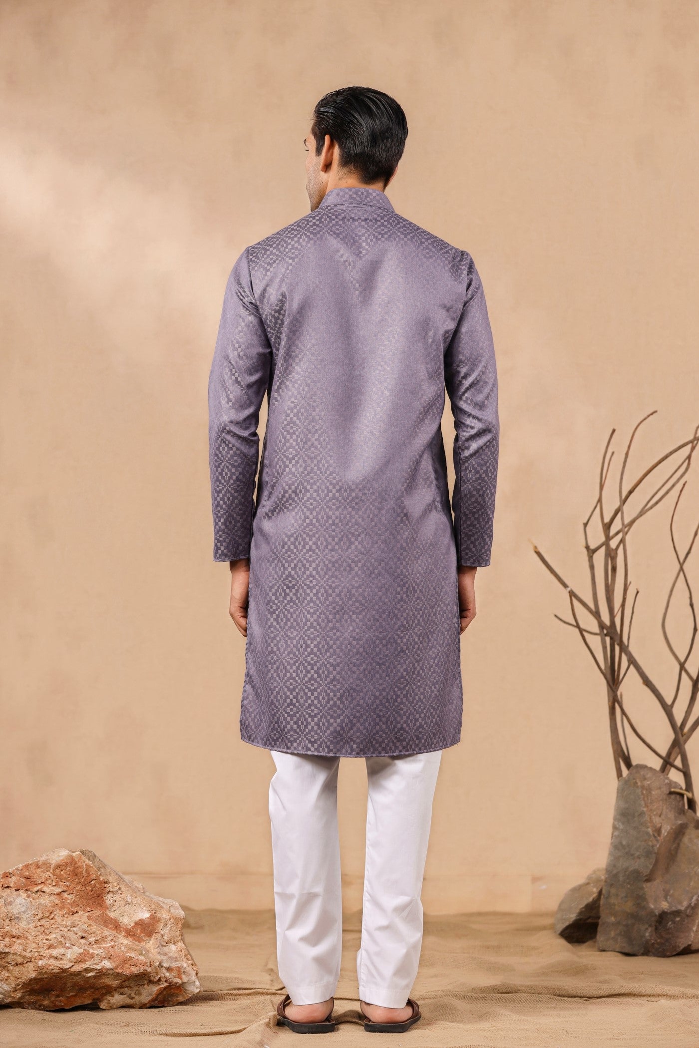 Grey Color Printed Kurta Pajama For Men
