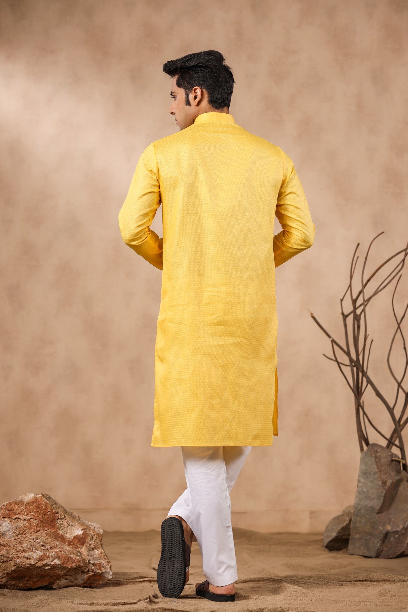 Yellow Color Plain Kurta Pajama For Men