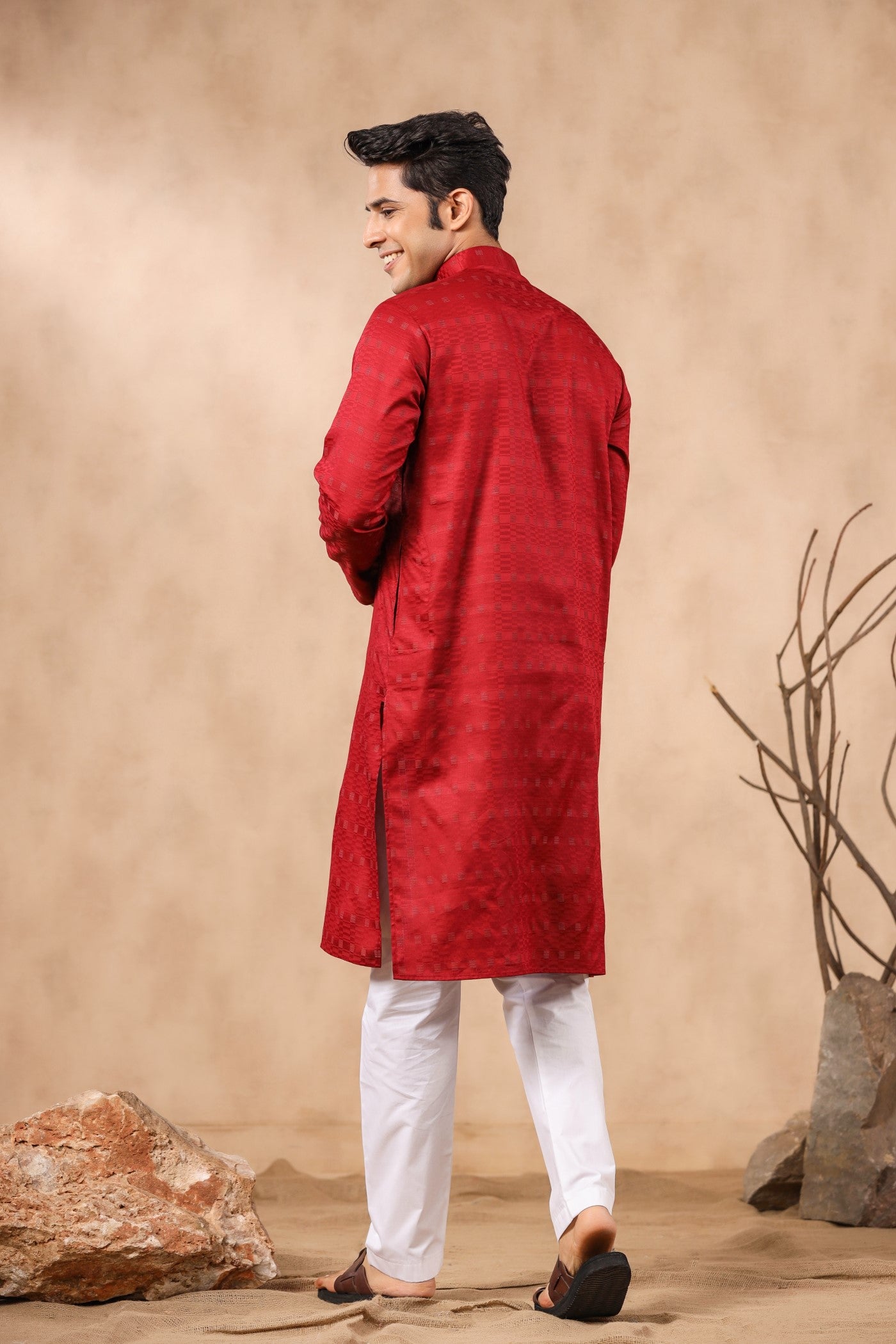 Mehroon Color Jacquard Kurta Pajama For Men