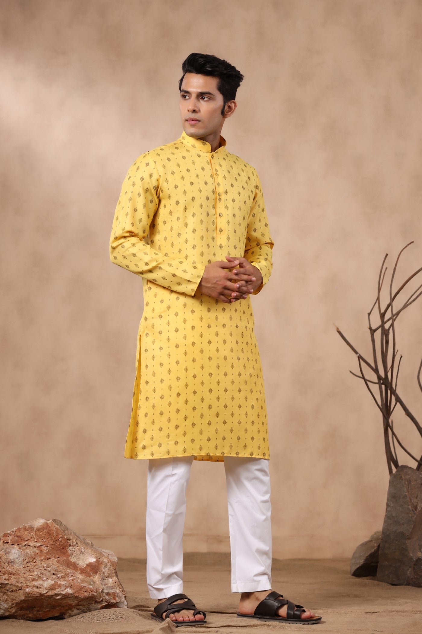 Yellow Color Cotton Kurta Pajama For Men