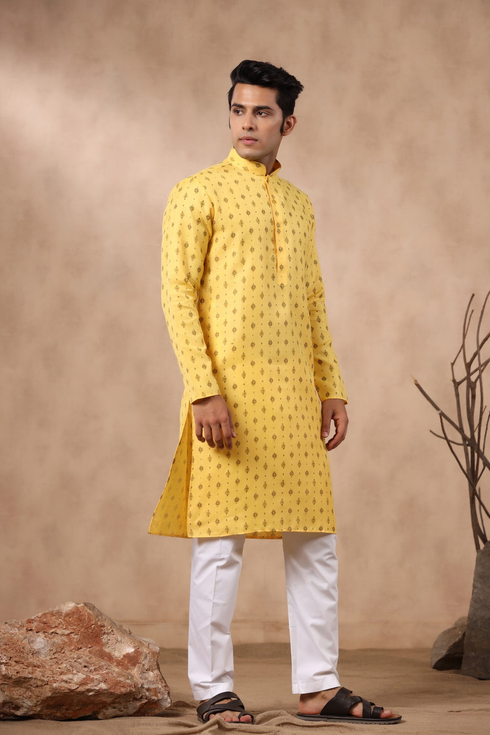 Men Yellow & White Woven Design Kurta With Pyjamas