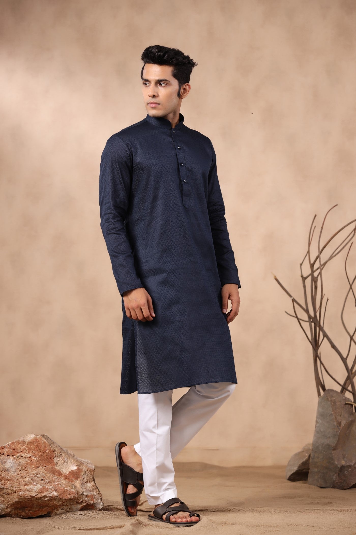 Navy Color Plain Kurta Pajama For Men