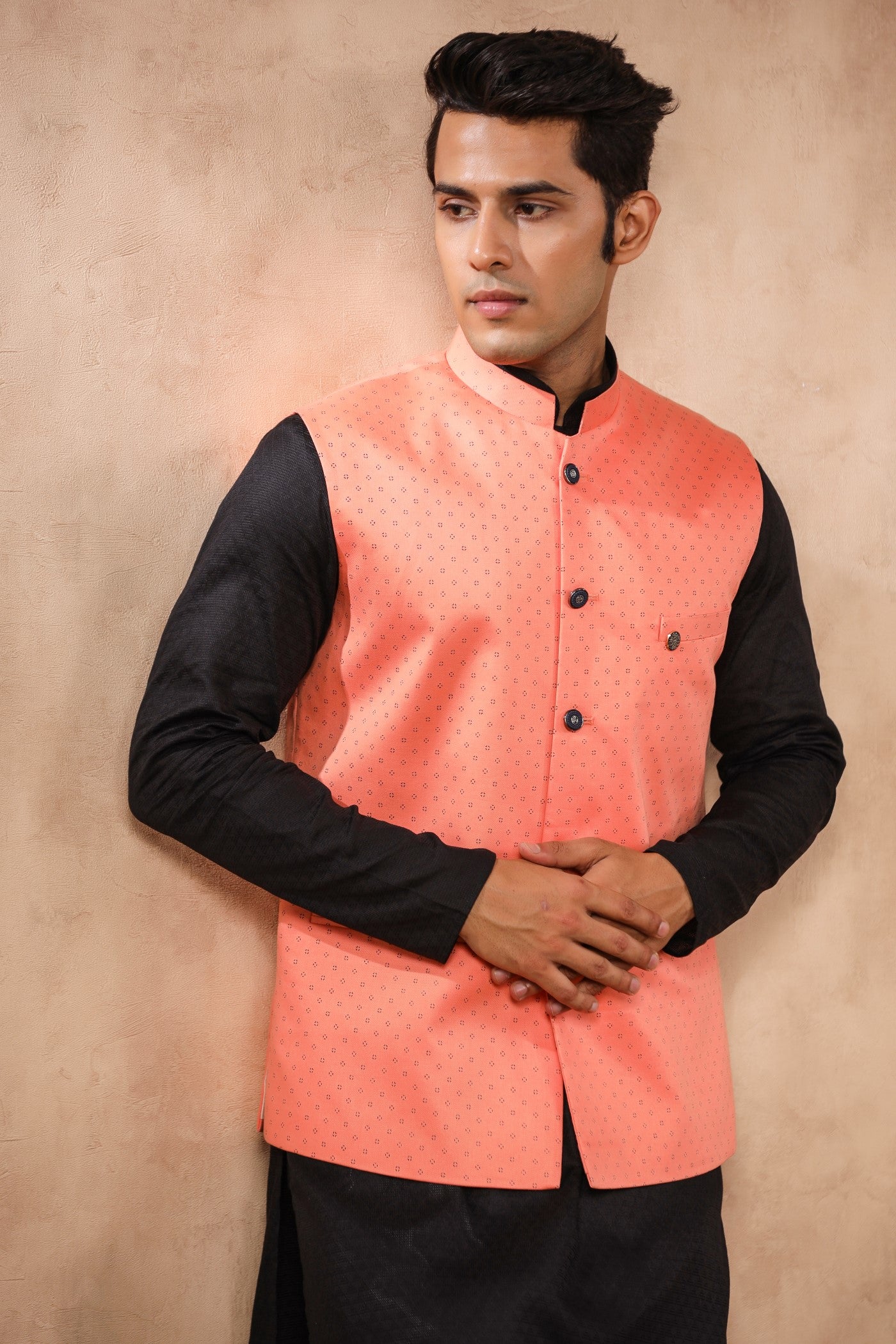 Pink Color Print Waist Coat For Men