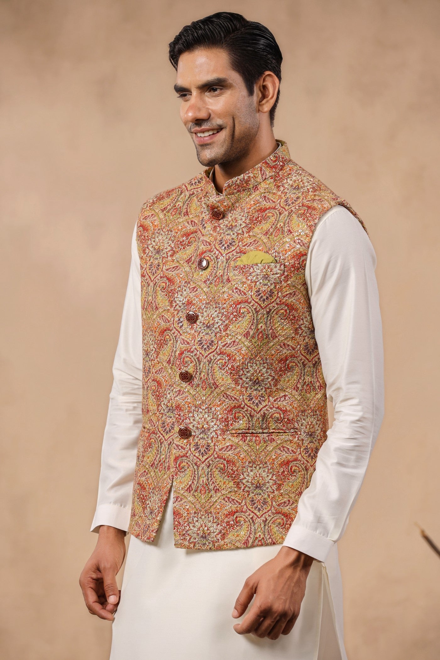 Mustard Color Embroidery Waist Coat For Men