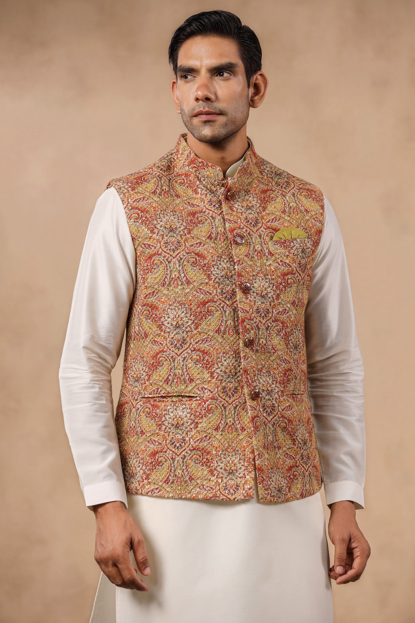Mustard Color Embroidery Waist Coat For Men