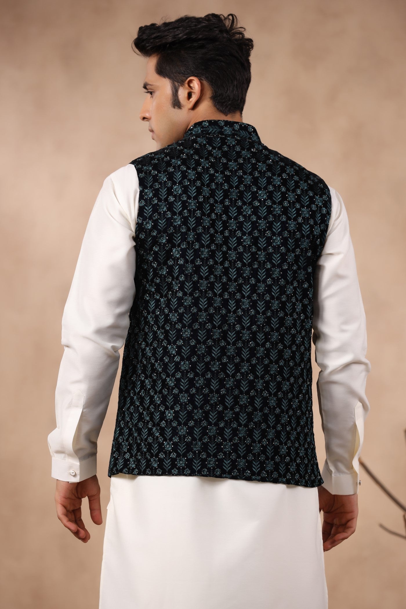 Rama Green Embroidery Waist Coat For Men