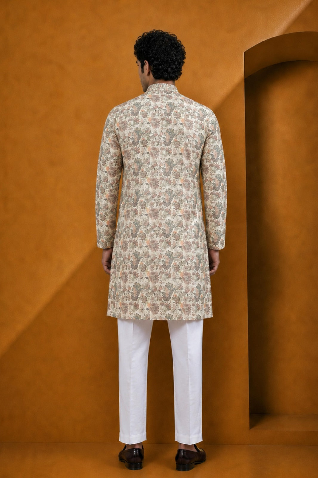 Men's Fawn Multi Floral Printed Kurta Pajama Set