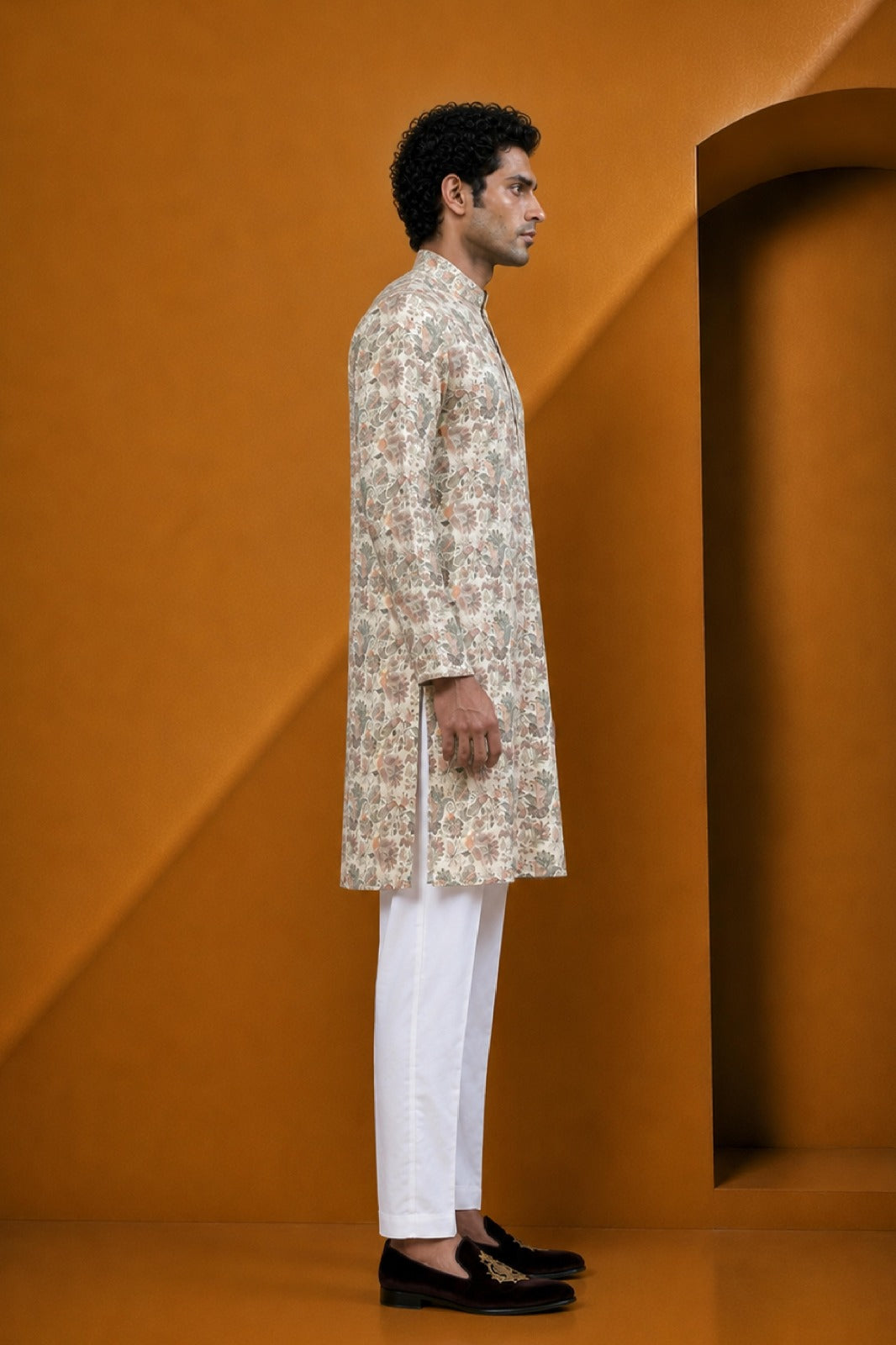 Men's Fawn Multi Floral Printed Kurta Pajama Set