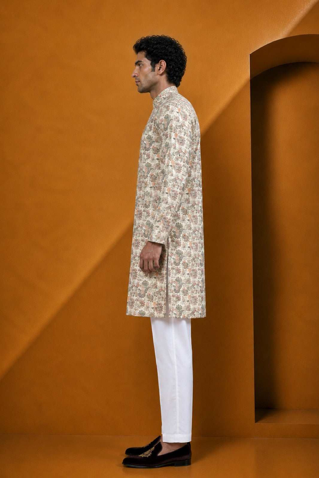 Men's Fawn Multi Floral Printed Kurta Pajama Set