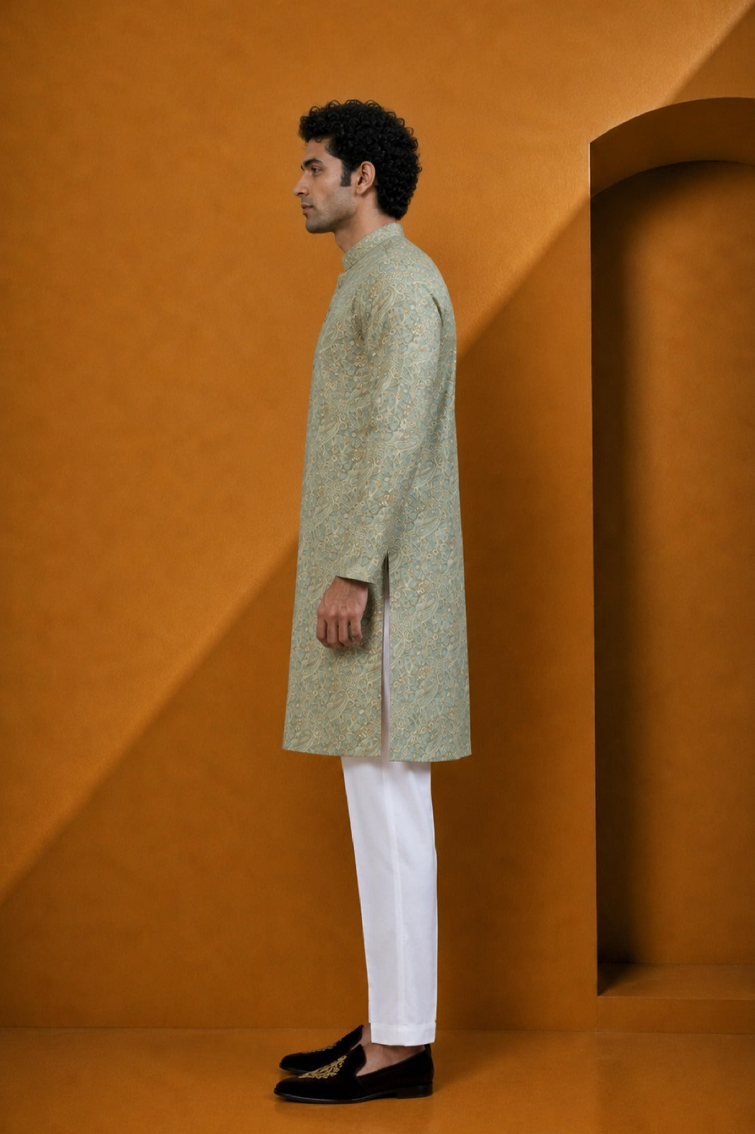 Men's Pista Paisley Printed Kurta Pajama Set