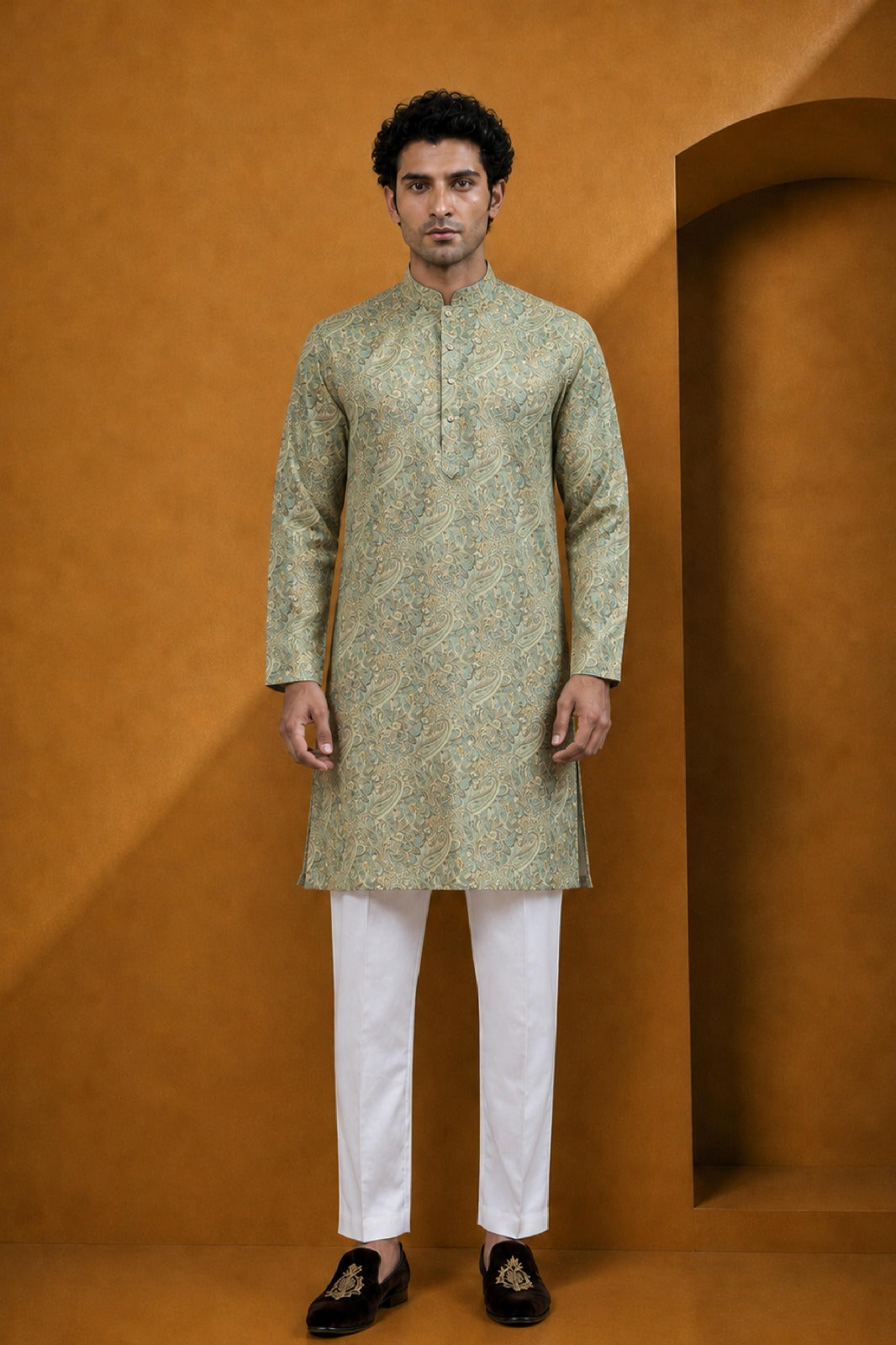 Men's Pista Paisley Printed Kurta Pajama Set