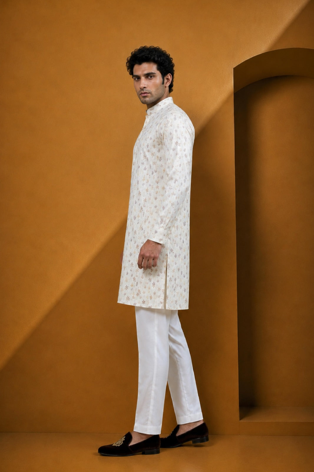 Men's Cream Onion Floral Printed Kurta Pajama Set