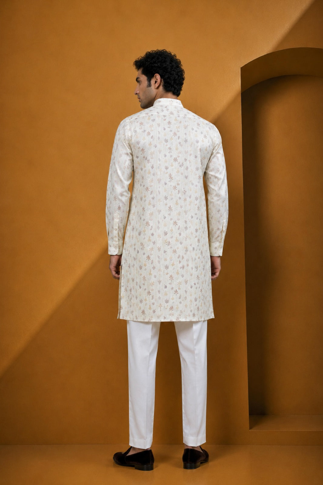Men's Cream Onion Floral Printed Kurta Pajama Set