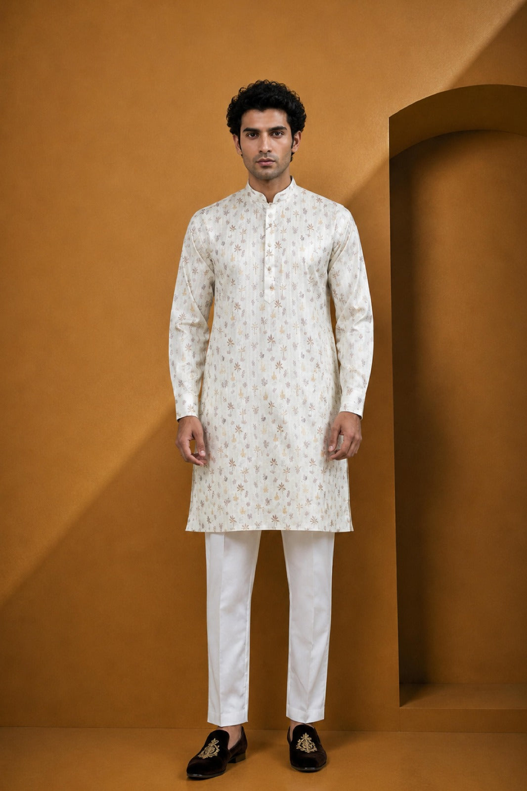 Men's Cream Onion Floral Printed Kurta Pajama Set