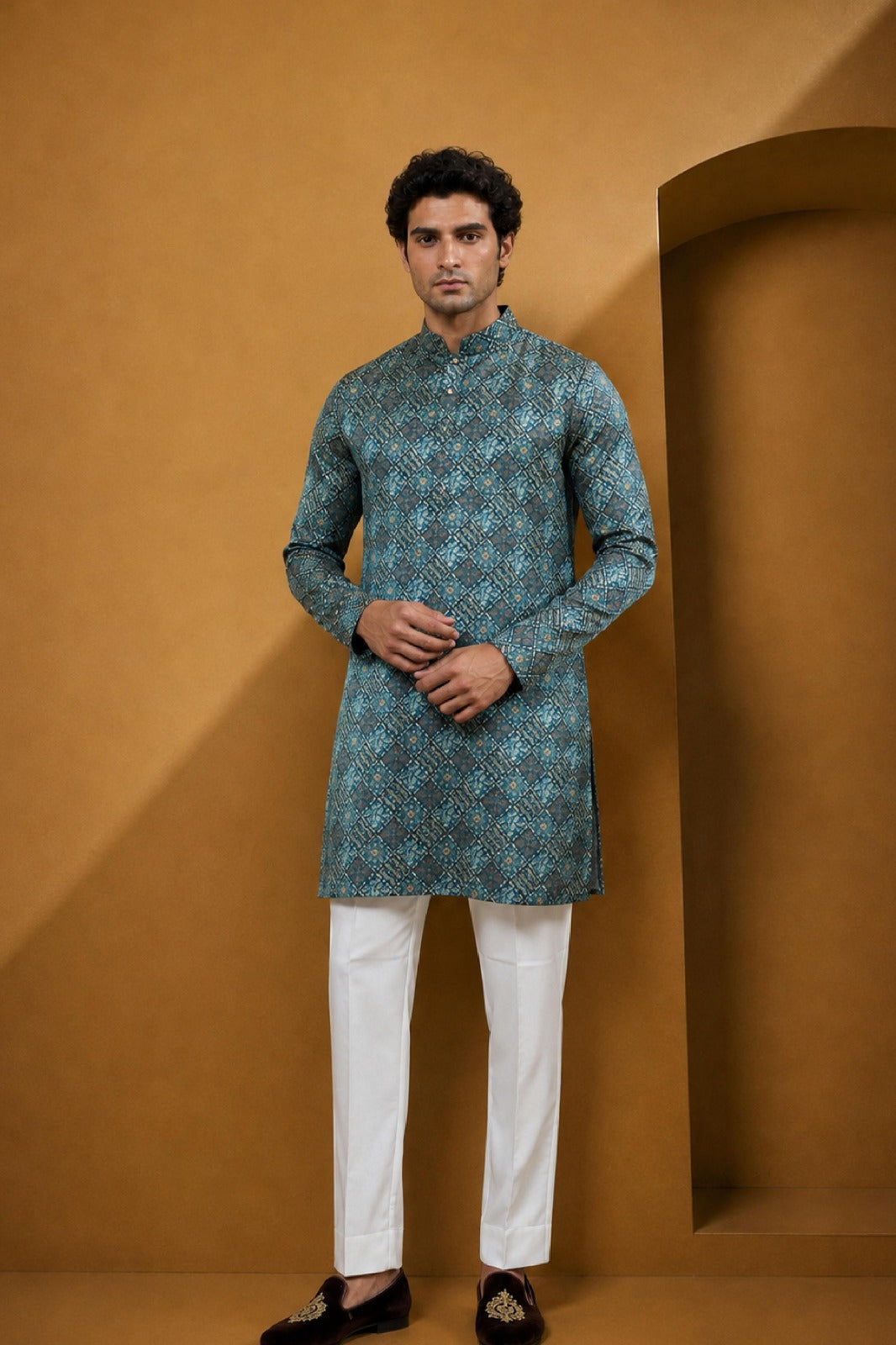 Men's Rama Green Printed Kurta Pajama Set