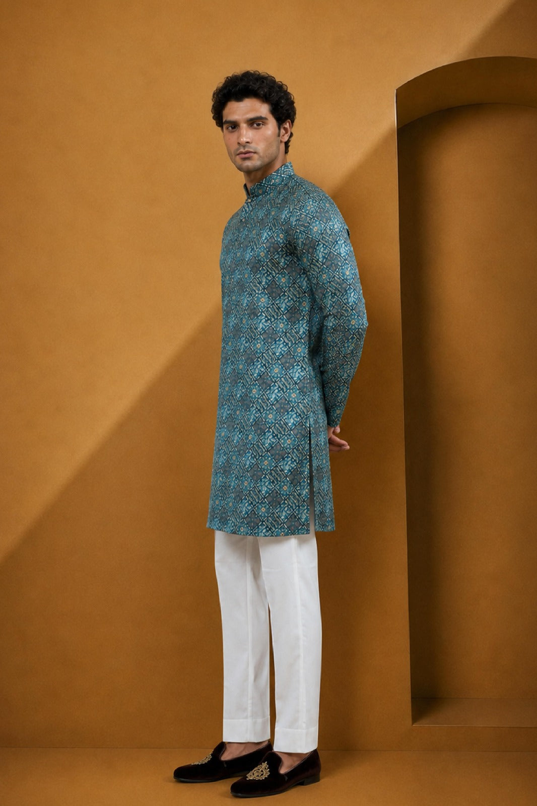 Men's Rama Green Printed Kurta Pajama Set