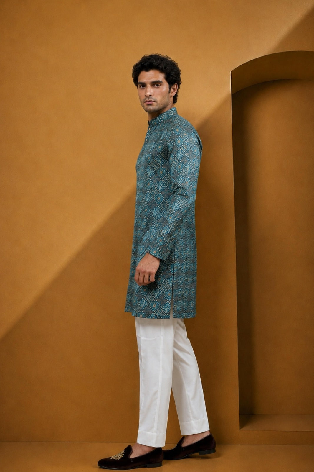Men's Rama Green Printed Kurta Pajama Set