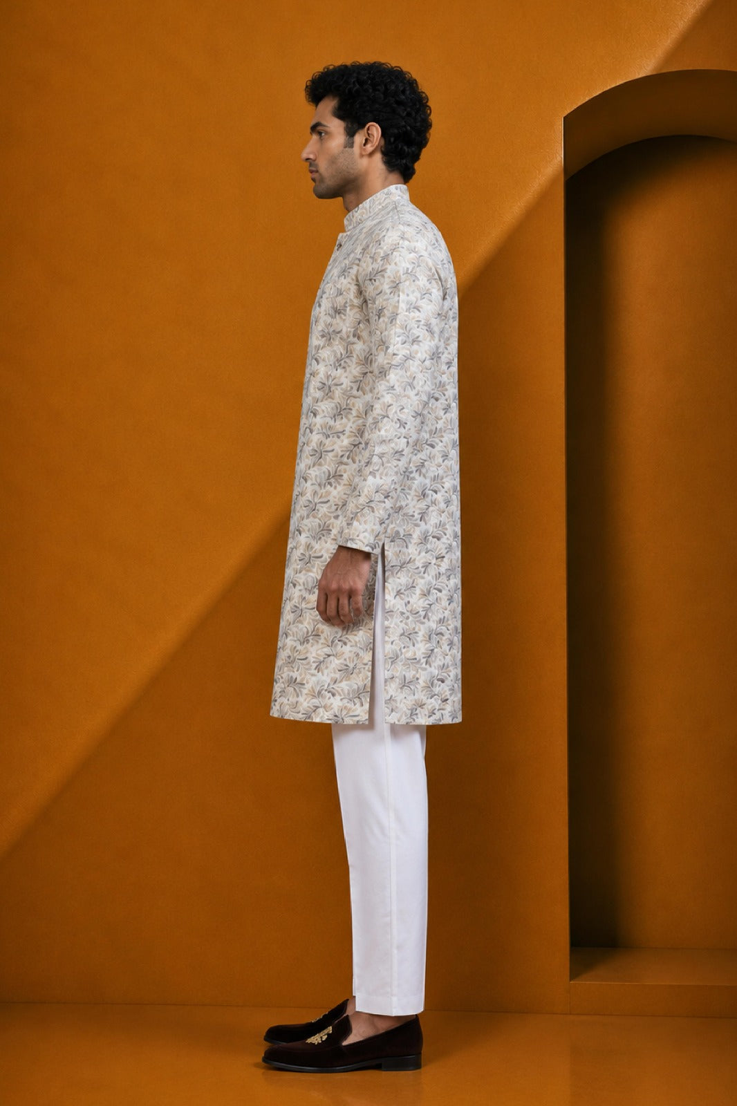 Men's Fawn  Off White Floral Printed Kurta Pajama Set