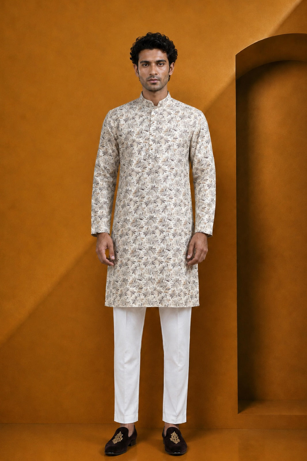 Men's Fawn  Off White Floral Printed Kurta Pajama Set