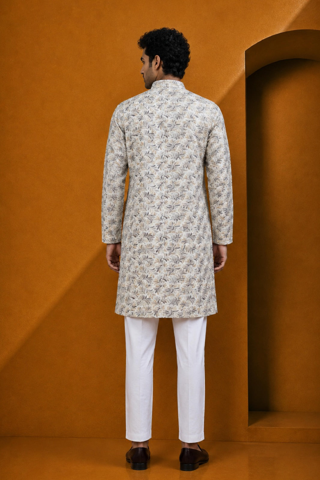 Men's Fawn  Off White Floral Printed Kurta Pajama Set
