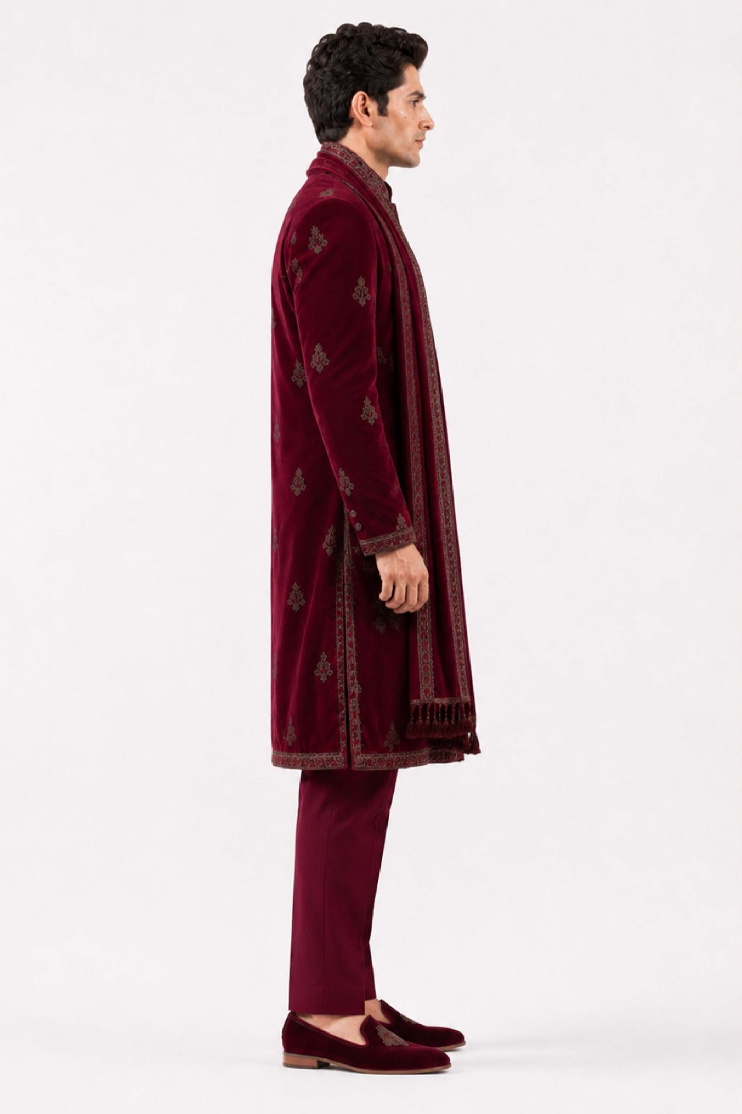 Wine Velvet Embroidered Indo Western with Dupatta