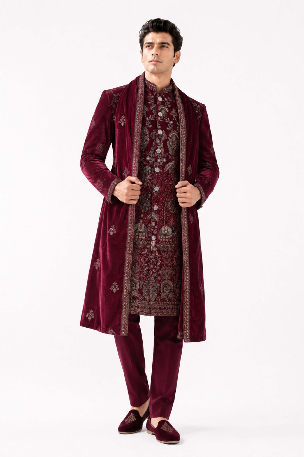 Wine Velvet Embroidered Indo Western with Dupatta